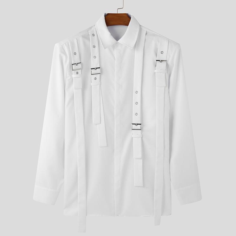 INCERUN Oversized Men Lapel Neck Long Sleeve Buttons Shirts Ribbon Patchwork Tops