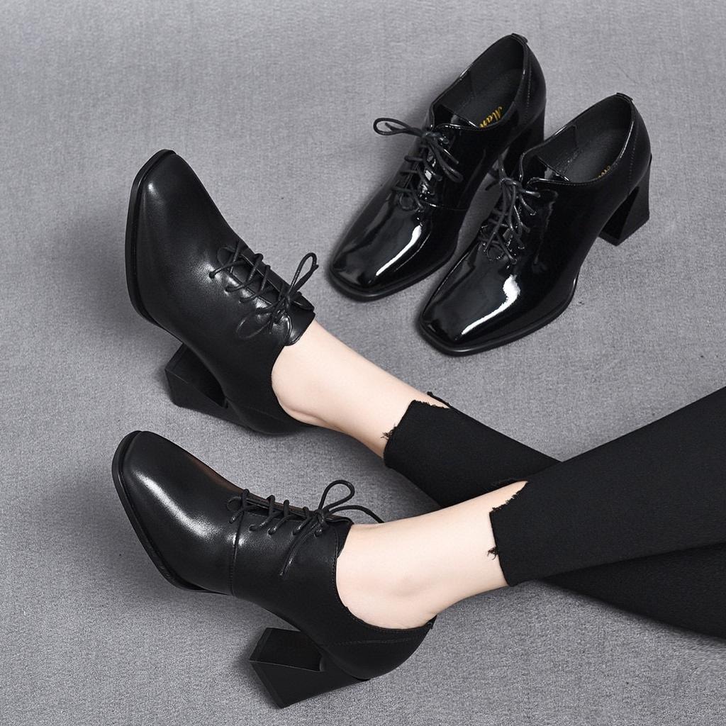 Women's shoes spring new high-heeled temperament single shoes black first-layer cowhide thick-heeled lace-up deep-mouth square-head single shoes