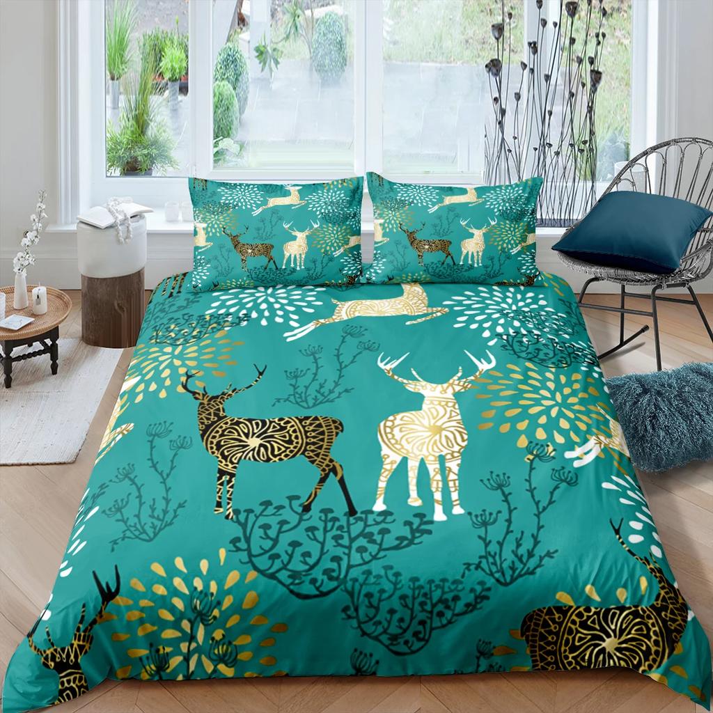 Christmas Deer King Queen Duvet Cover Animal Elk Bedding Set 2/3pcs for Kids Teens Adults Blue Soft Quilt Cover with Pillowcase