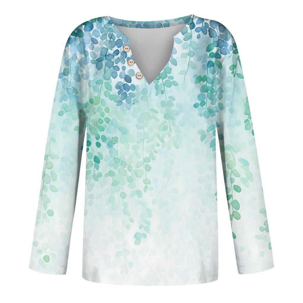 Women's Fashion Casual V-Neck Long Sleeve Loose  Printed T-Shirt Ladies Top With Decorative Buttons