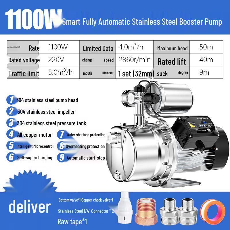 220V Stainless Steel Automatic Self-Priming Jet Pump for Home Well & Tap Water Pressure Boosting