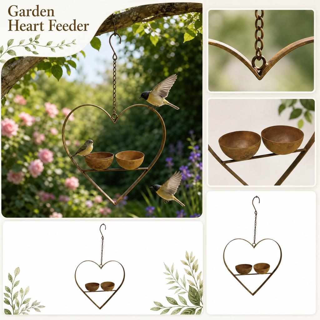 Metal Heart Shaped Outdoor Bird Feeder Hanging Garden Decorative Iron Frame Small Bird Feeding Station with Two Wooden Bowls