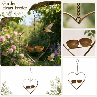 Metal Heart Shaped Outdoor Bird Feeder Hanging Garden Decorative Iron Frame Small Bird Feeding Station with Two Wooden Bowls