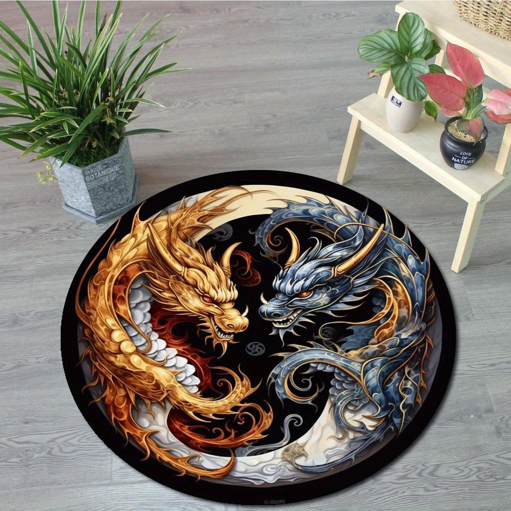 Round Dragon Pattern Non-Slip Area Rug, Anti-Shedding Polyester Carpet for Office Bedroom Porch, Washable Indoor Decor Mat