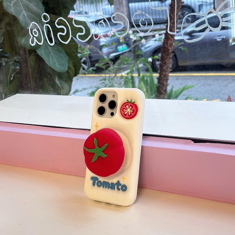 Cute Red Tomato Telescopic Bracket Phone Case for IPhone 16 16Pro 14 15 17 Pro Max 13 Pro Cover Holder Silicone Shockproof Cover