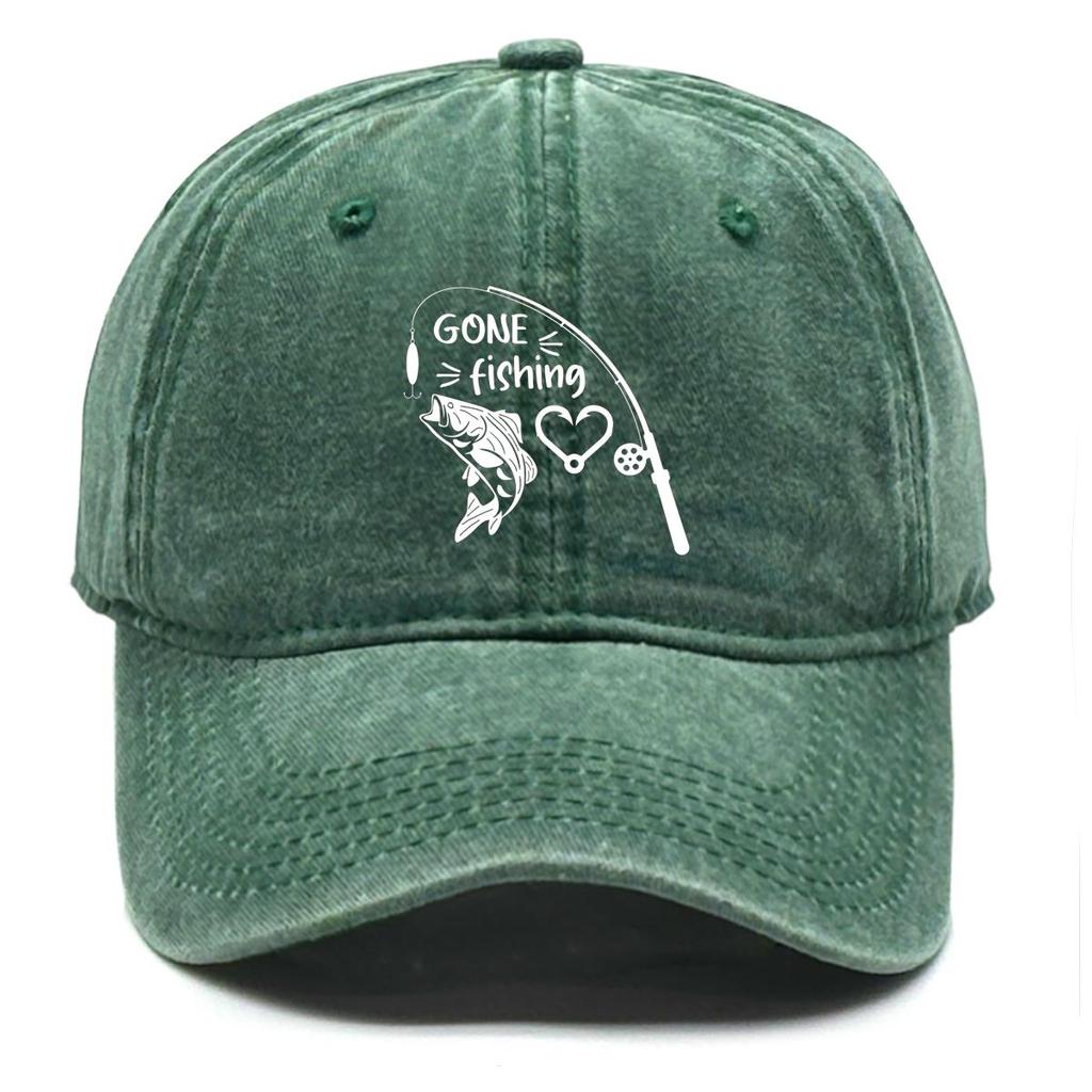 GONE Fishing" Print Adjustable Sun Hat, Fishing Rod Fishhook Flat Cap Washed Simple Hip Hop Adjustable Buckle Snapback Baseball Hat