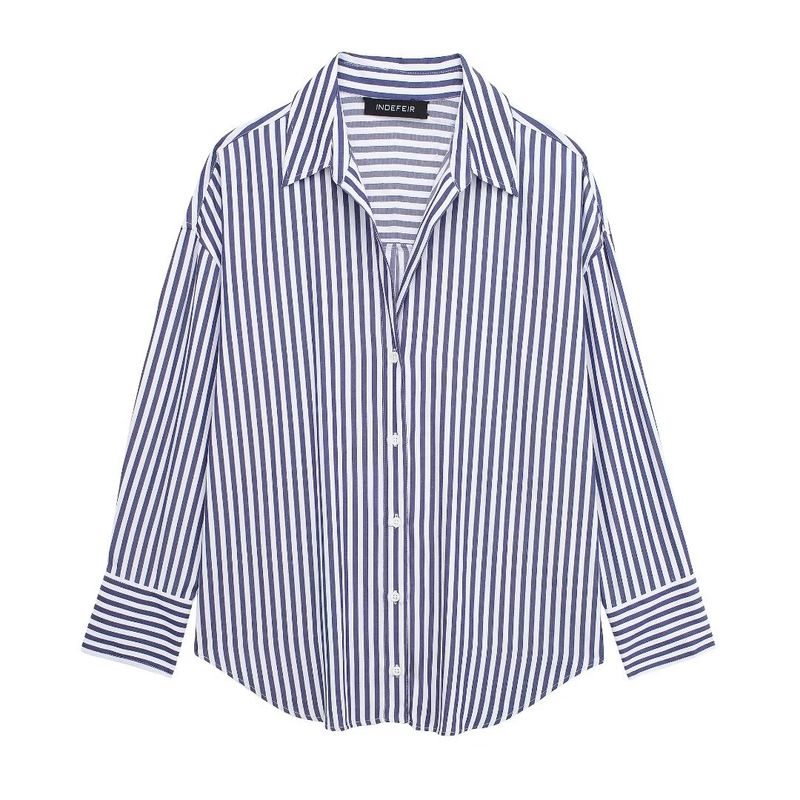 

Zbzr Spring New Women clothes Western Style Casual Stripe Poplin Shirts Long sleeve Top All-Matching 4387036 Dark Blue L