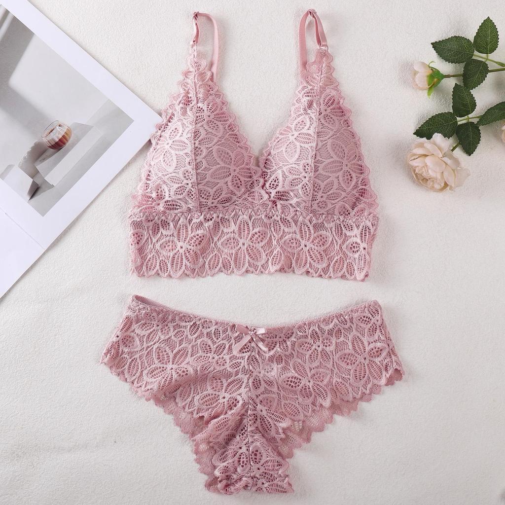 Draadloze Bh Set met Franse Kant, Verstelbare Bandjes en Borstkussentjes