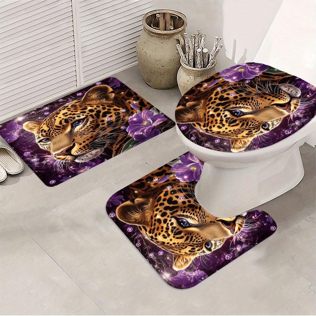 4-Piece Modern Simple Leopard And Flower Pattern Shower Curtain Set Bathroom Curtains, Bathroom Decorative Shower Curtains, Floor