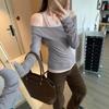 Korean Style Slim-Fit Faux Two-Piece T-Shirt for Women - Autumn/Winter, Elegant Color Block Design