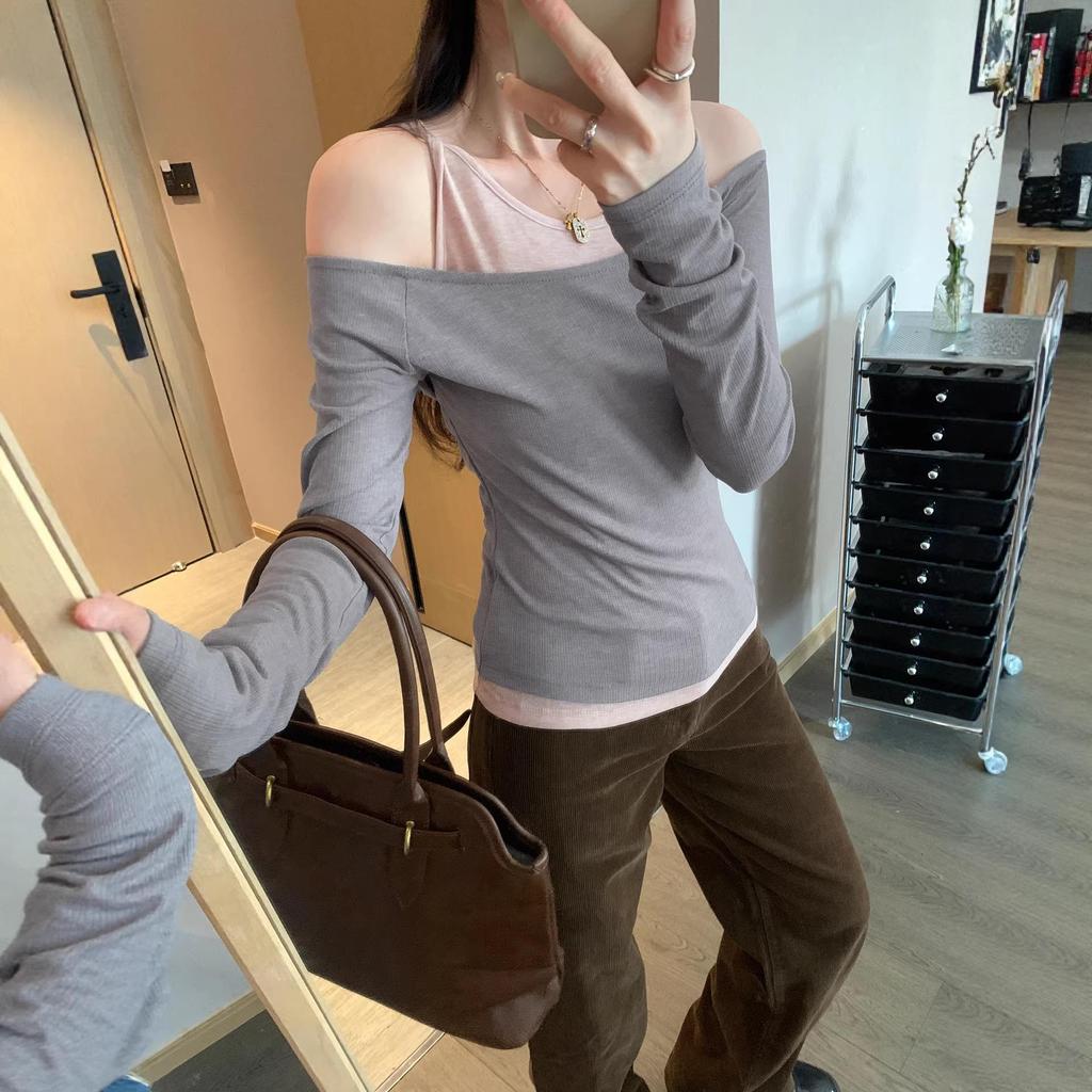 Korean Style Slim-Fit Faux Two-Piece T-Shirt for Women - Autumn/Winter, Elegant Color Block Design