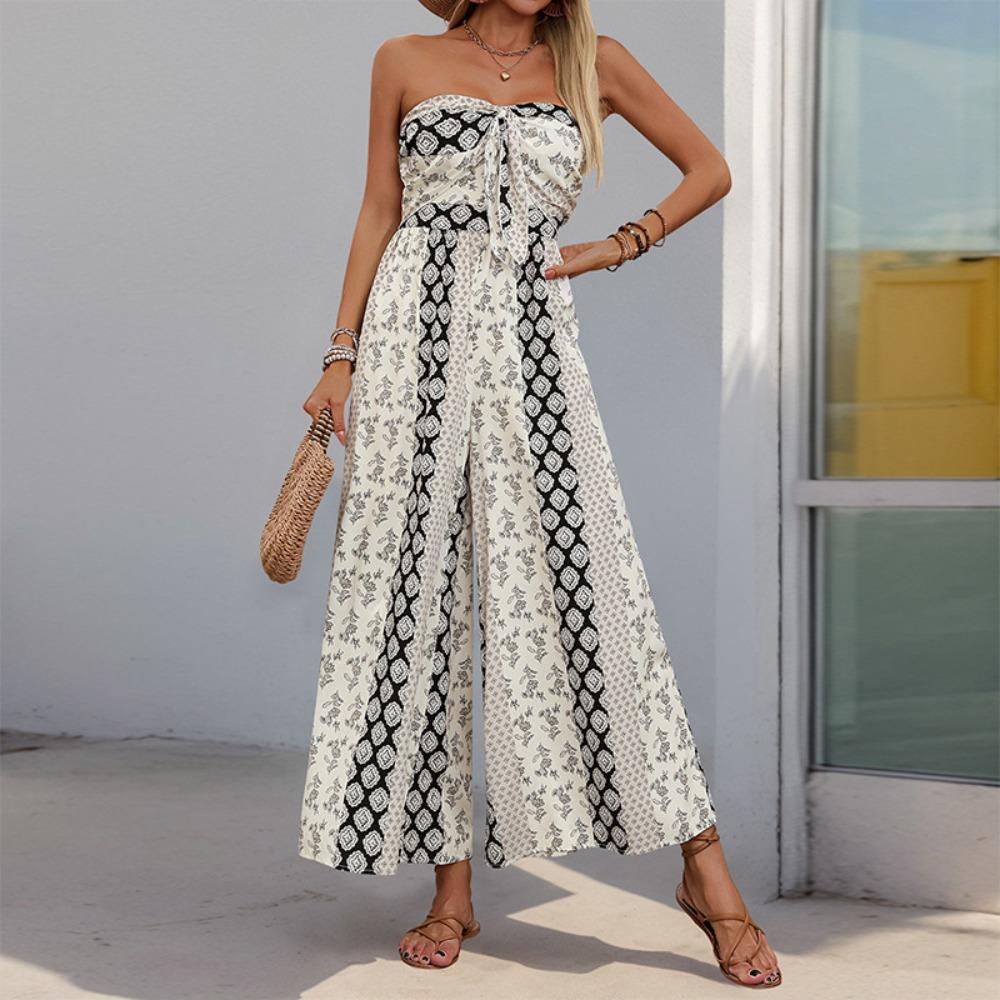 Women's Strapless Tube Top Printed Wide Leg Jumpsuit High Waist Tie Front Vacation Long Romper