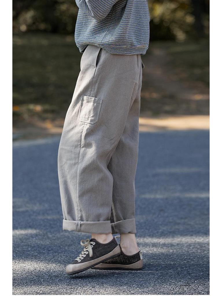 Women's Retro Gray Cotton Elastic Waist Casual Pants