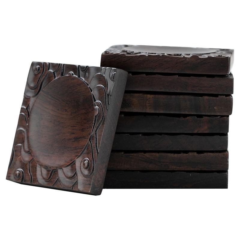 Ebony Wood Carved Non-Slip Tea Coaster Set - Retro Anti-Scald Pad for Tea Ceremony
