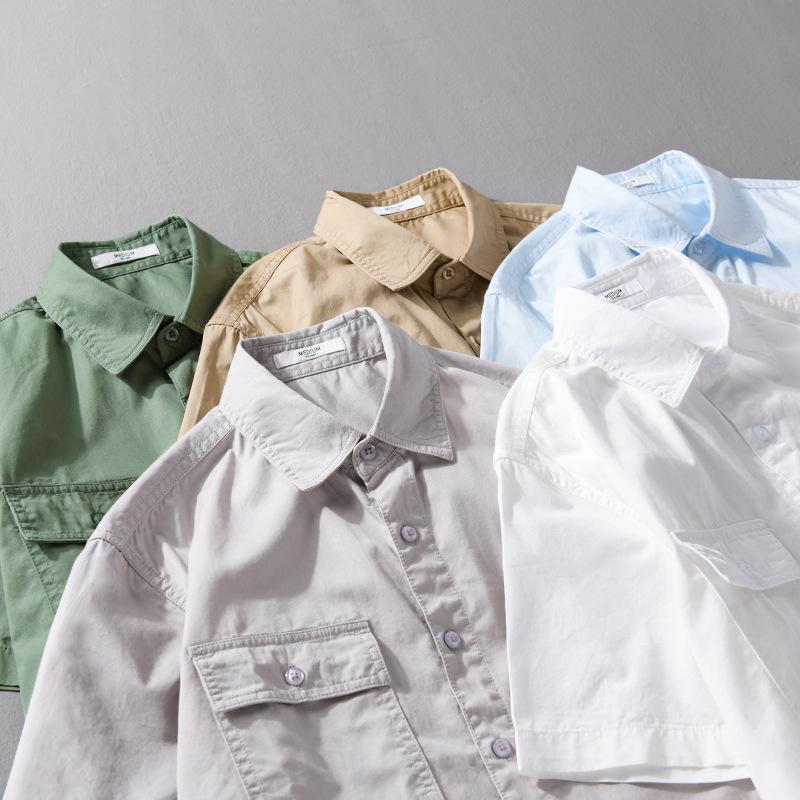 Sommarskjortor för män Japansk stil Cargo-skjorta med kort ärm Dubbla fickor Arbetstoppar för män Ren bomull Casual-skjortor