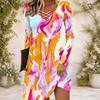 Women Criss Cross V Neck Long Sleeve Printed Fitted Curved Hem Dress