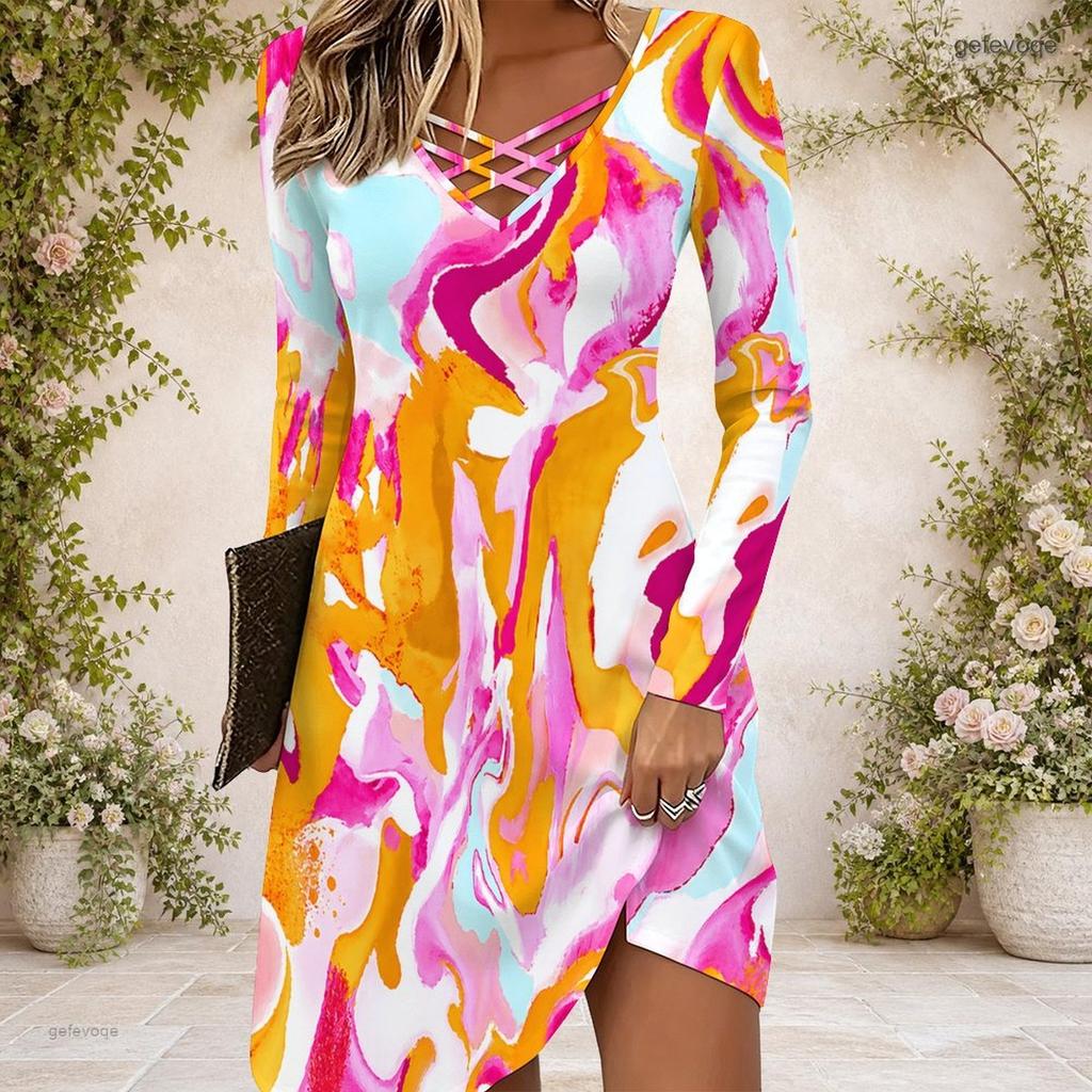 Women Criss Cross V Neck Long Sleeve Printed Fitted Curved Hem Dress