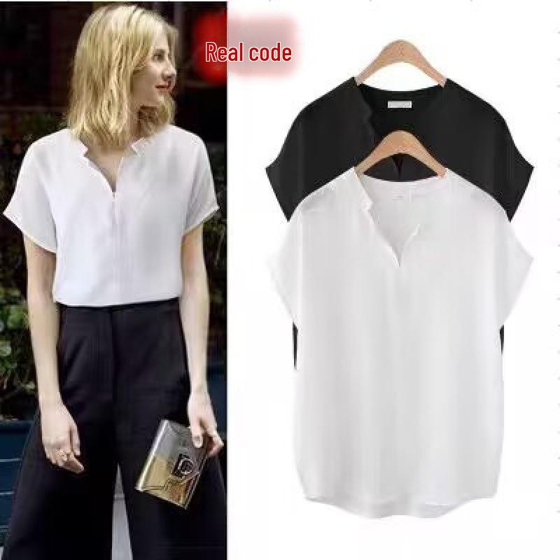 

2024 Плюс Размер Женская шифоновая рубашка с V-образным вырезом и коротким рукавом Белая рубашка 2XL белый