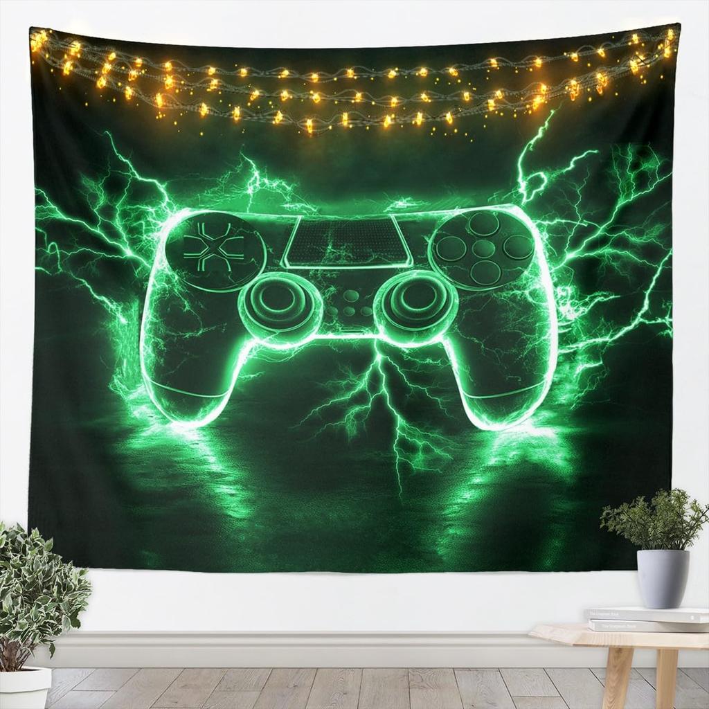 Flame Gaming Controller Tapestry, Black Background with Colorful Controller Pattern for Boys' Bedroom and Gamer Room Decor