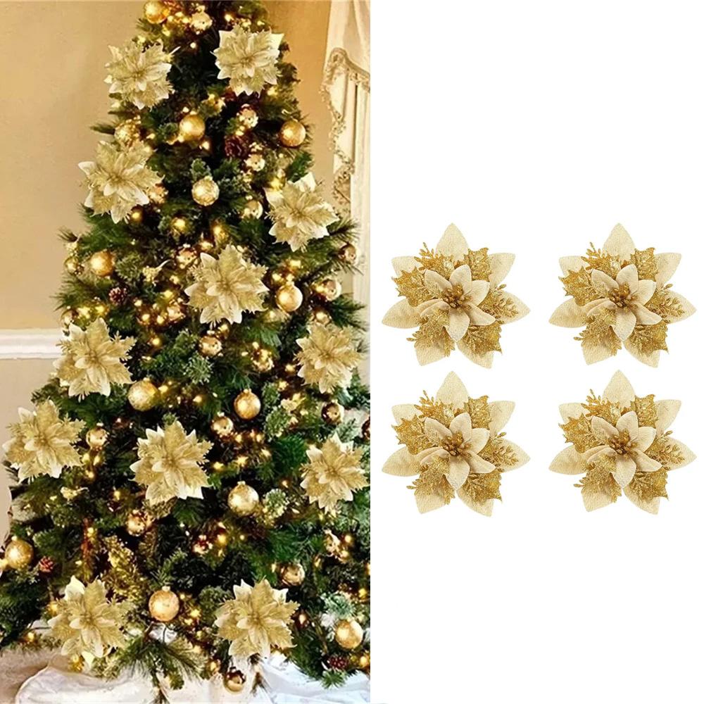 4pcs 14cm Glitter Artificial Christmas Flower Ornaments – Pink, Red & Gold for Tree & Home Holiday Decor