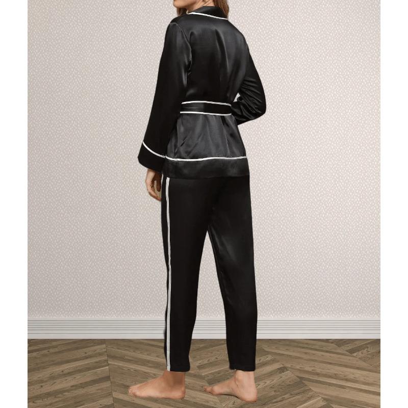 Mullbärssiden Dam Nattlinne Pyjamas Ficka Långärmad Dam Vardagsnattlinne Byxor 2 Delar Sidensbälte Dam Sovkläder