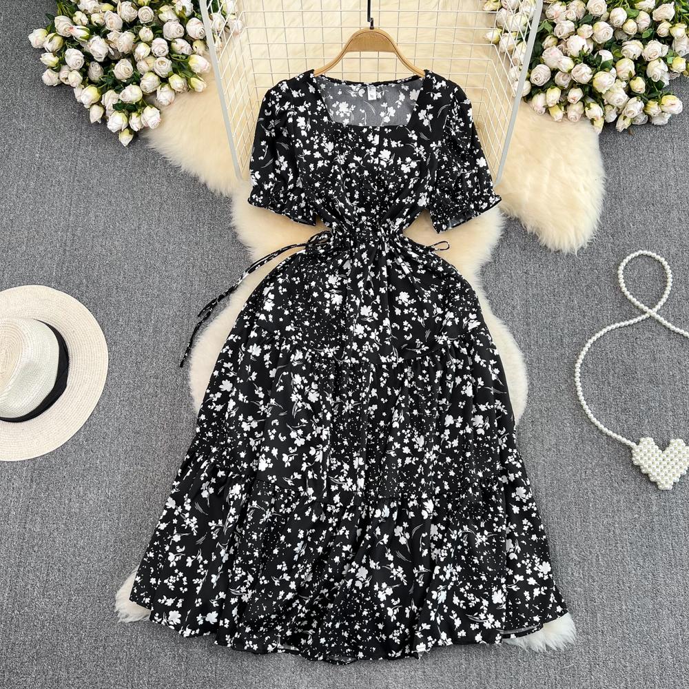 Summer Elegant Square Collar Loose Dress Women Vintage Bubble Short Sleeve Slim A-line Floral Dress French Retro Long Dresses Casual