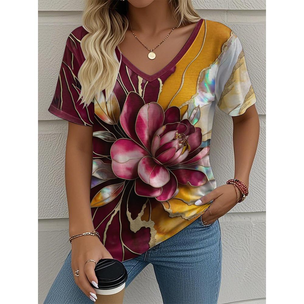 Flower women's V-neck T-shirt, summer outdoor casual short sleeved top, fashionable