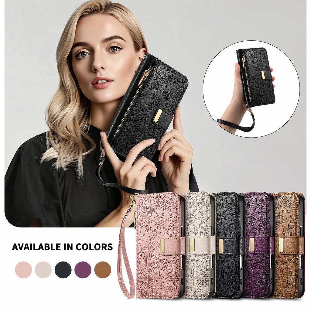 Floral Leather Wallet Case for iPhone 12-17 series.Vintage All-in-One Card Holder w/Stand, Magnetic Closure & Wrist Strap