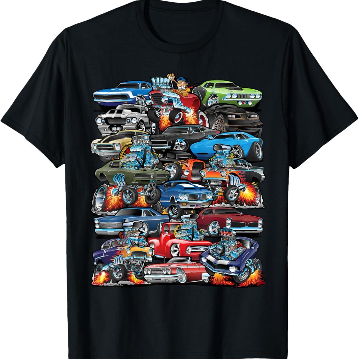 

Car Madness! Muscle Cars Classic Cars and Hotrods Cartoon T-Shirt S