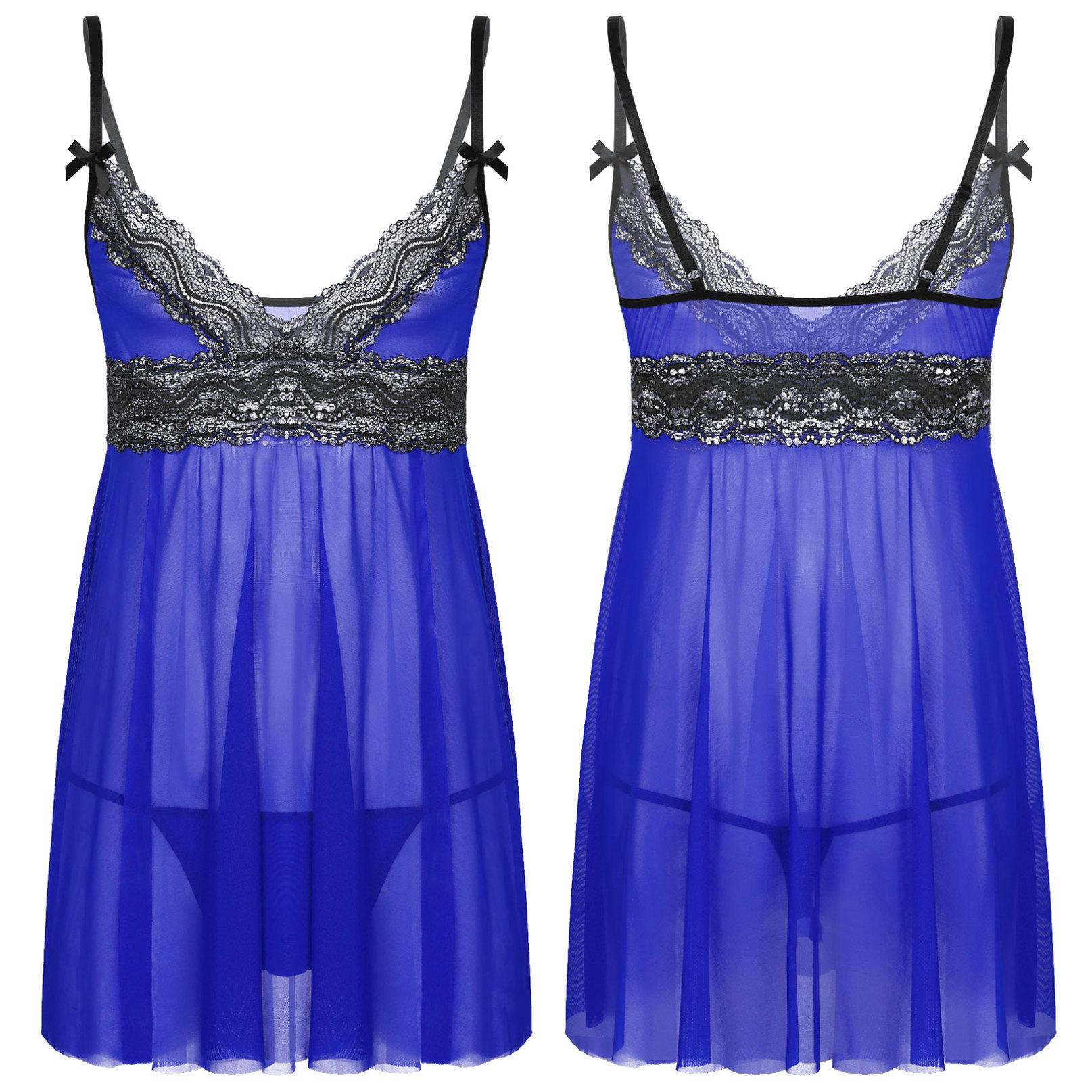 

Чоловіча жіноча нижня білизна з прозорим мереживом Сіссі, регульовані лямки-спагетті, глибокий V-подібний виріз, сорочка для сну Babydoll XXL королівський синій колір