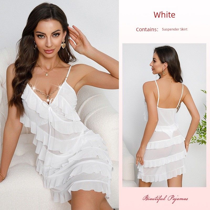 Sexy Mesh See-through Halter Dress Sexy Sling Dress White S