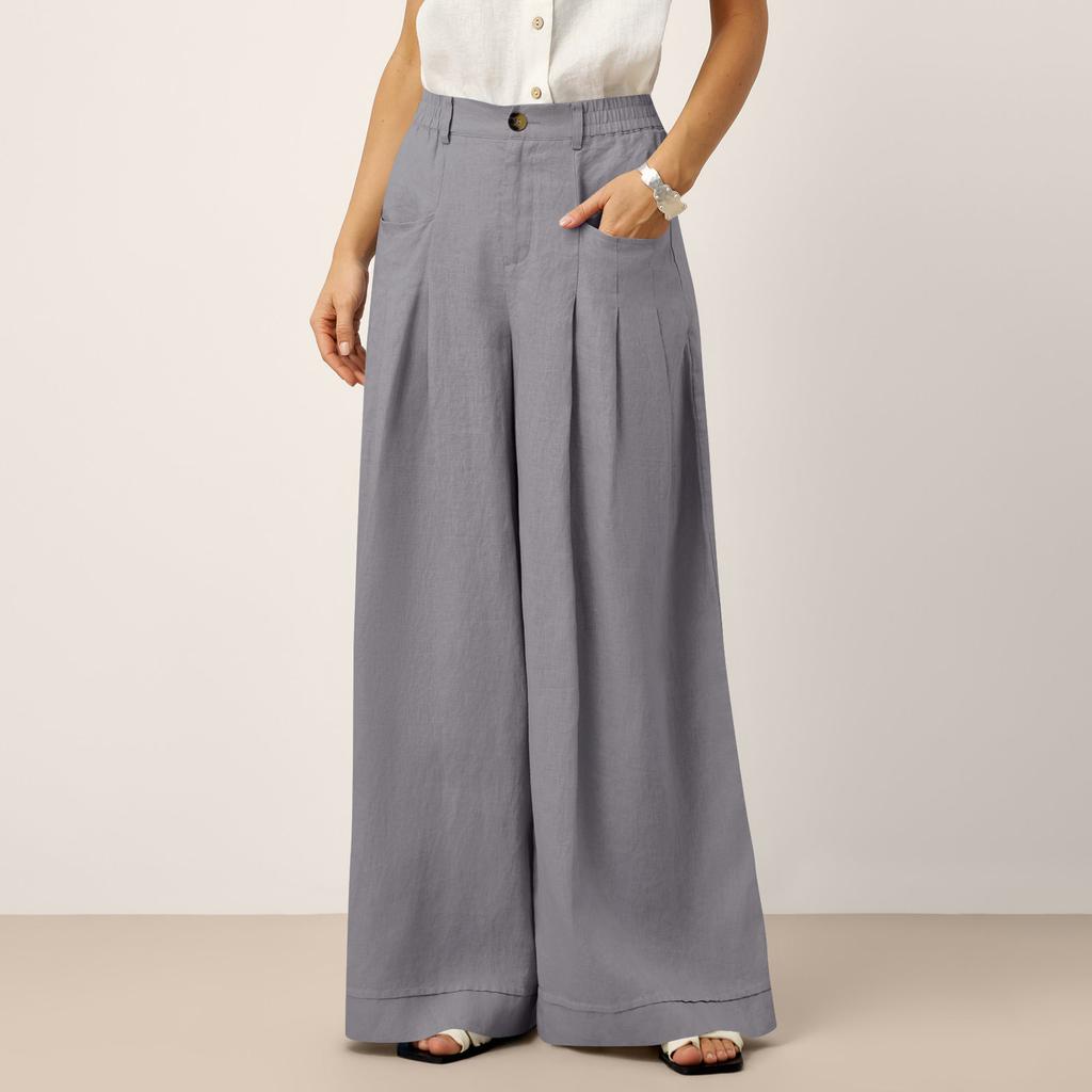 Women Wide Leg Trousers High Waist Pleated Loose Fit Pants with Pockets Button and Zip Closure for Office Casual Wear