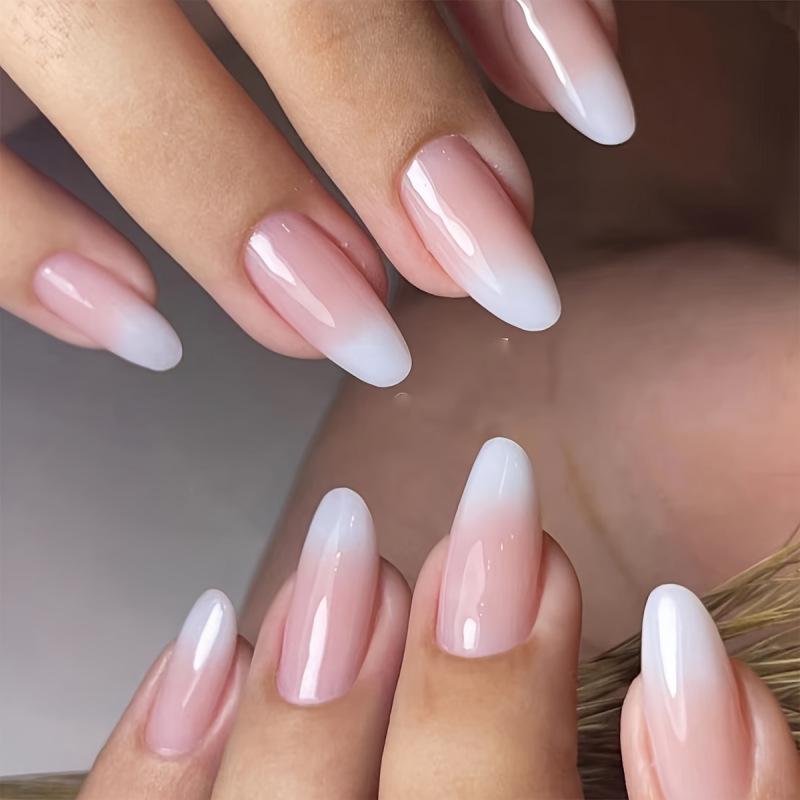 Hochwertige tragbare künstliche Nägel im Mandel-Nude-French-Stil – mittellange und lange Nagelspitzen