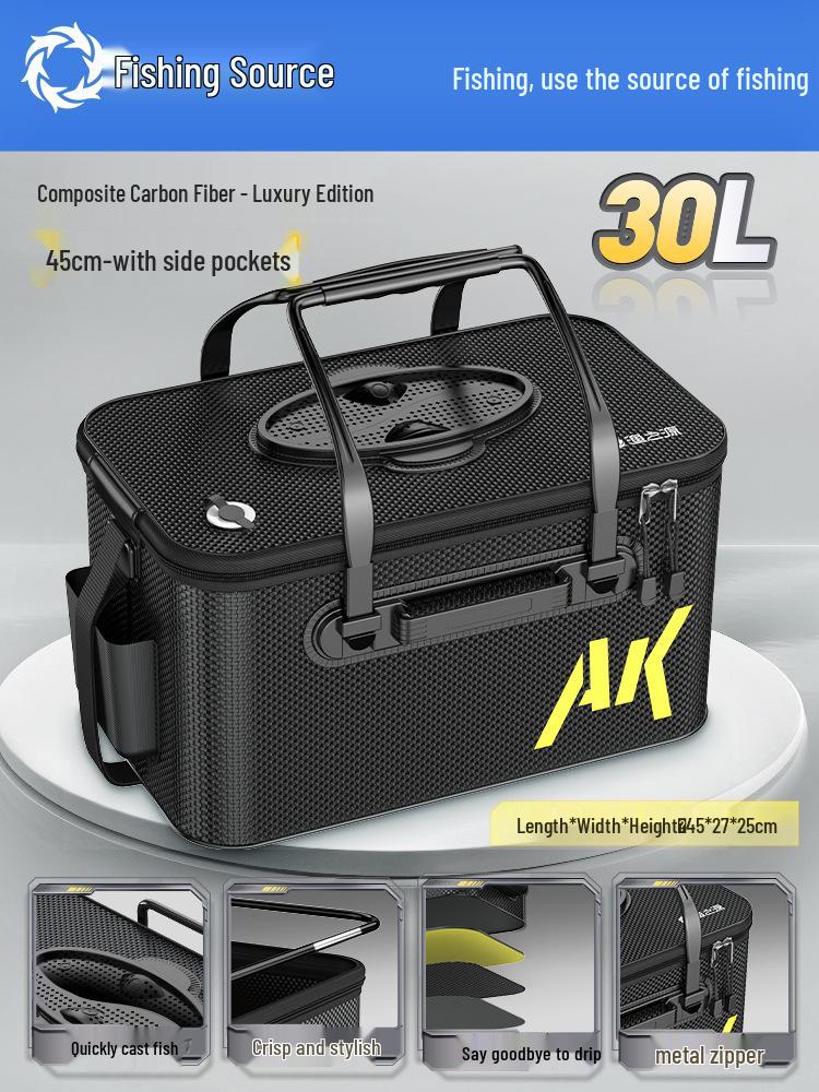 Pogrubione wiadro na żywe ryby z koszykiem na przynęty i ochraniaczem na ryby