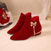 Fashion Winter New Thick Heel Cotton Boots Women Fashion Pointed Suede Side Zipper Butterfly Knot Short Tube Wedding Shoes
