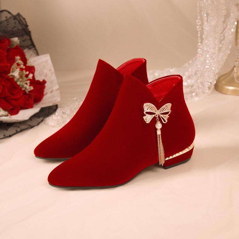 Winter New Thick Heel Cotton Boots Women Pointed Suede Side Zipper Butterfly Knot Short Tube Wedding Shoes