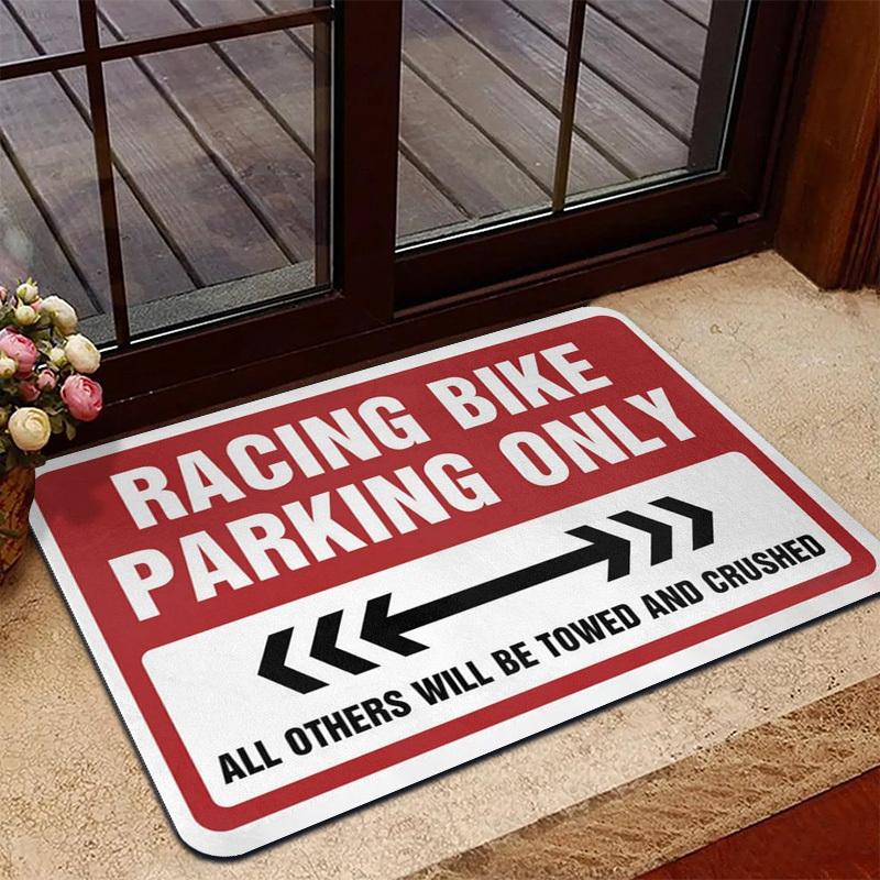Racing Bike Parking Only Text Doormat, Sporty Warning Slogan Non-Slip Rug, Durable Washable Welcome Mat for Entryway and Garage