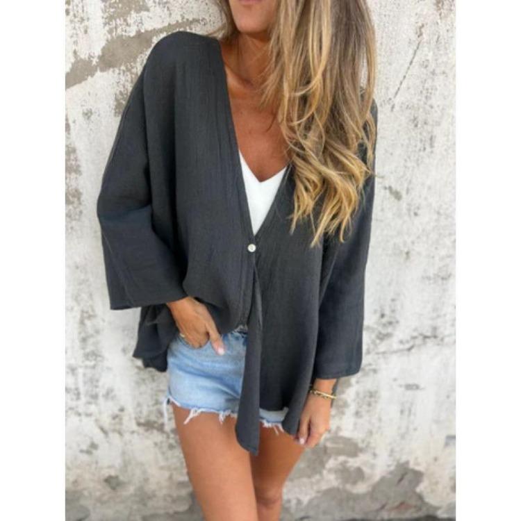 Fashion Loose V Neck Solid Color Cardigan Top Women Mid Length Sleeve S темно-серого