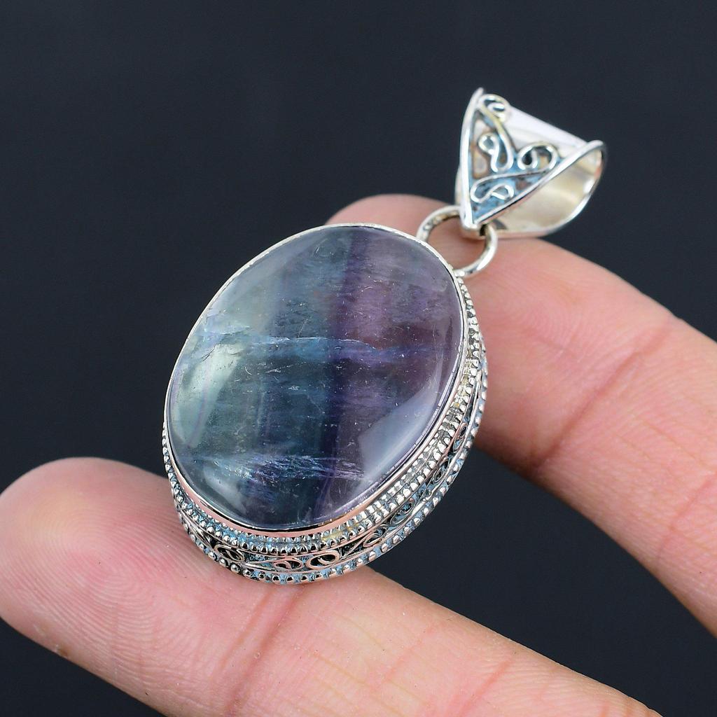 Daughters Day Sale 925 Silver Oval Natural Multi Fluorite Ethnic Pendant Jewelry