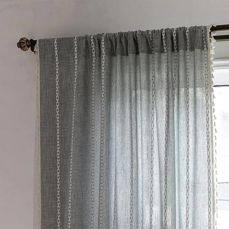 Bohemian Style Khaki Geometric Tassel Curtains Semi Blackout Curtains for Living Room Bedroom Kitchen Home Decoration Curtains