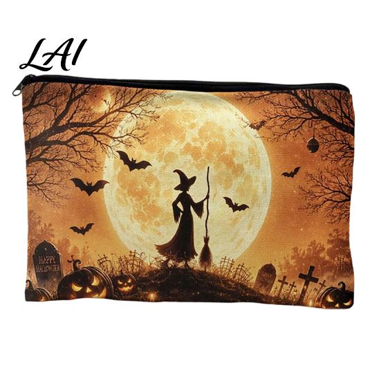 Smooth Zipper Bag Storage Bag with Zipper Thickened Polyester Large Capacity Colorful Printed Cosmetic Halloween Witch Pumpkin Pattern Pouch Durable