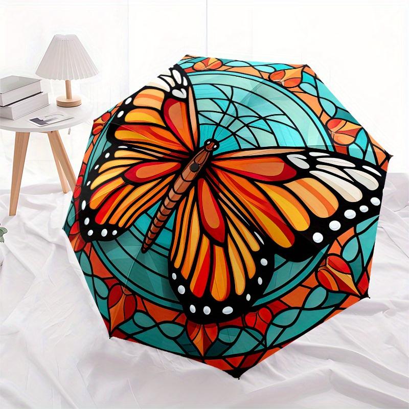 Stained Butterfly Wall Art DecorUmbrella, Portable 3-Fold Compact Umbrella for Men & Women Gift