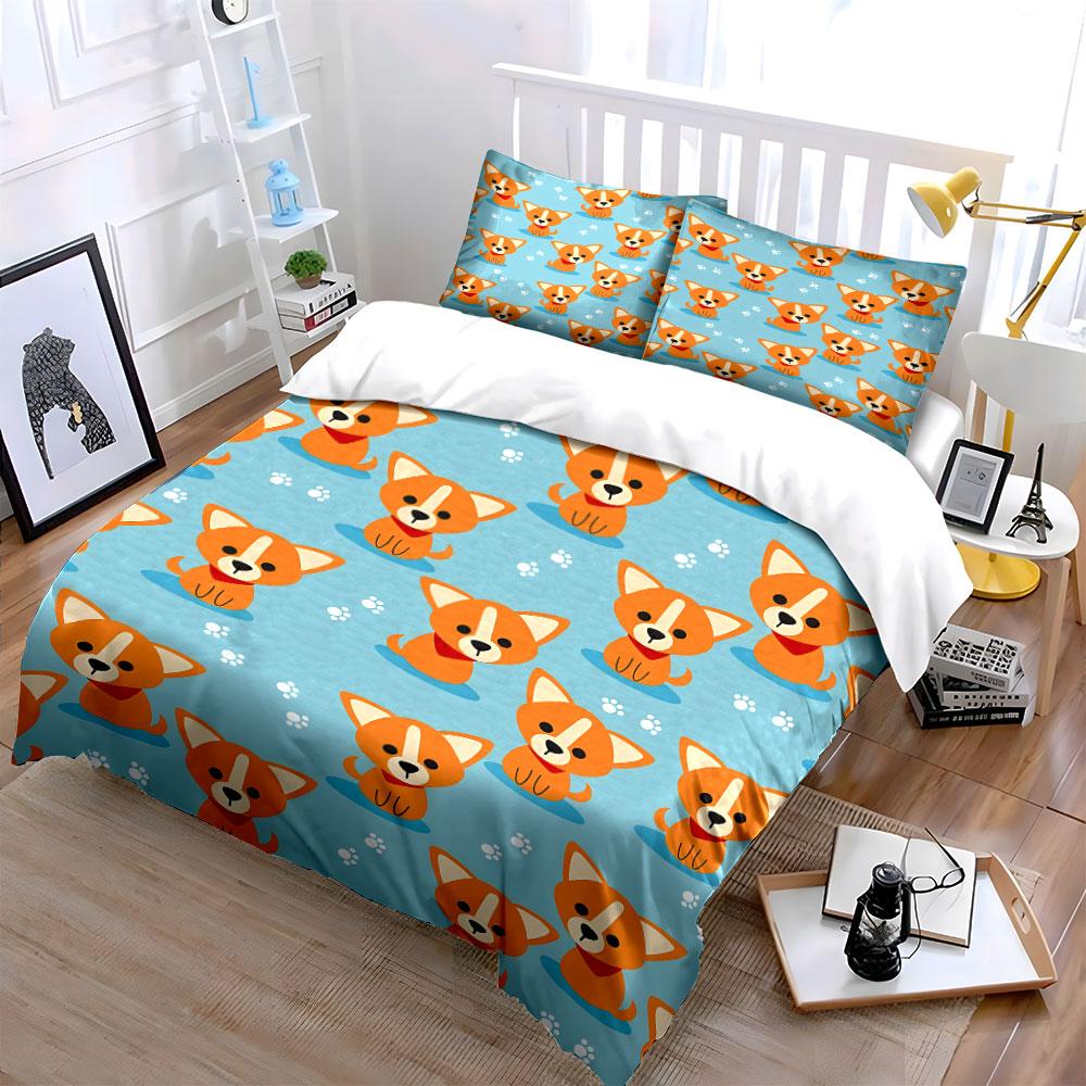 Cartoon Corgi Dog Bedding Set Bedding Duvet Cover Set Duvet Cover Pillowcases (1 * Duvet Cover 2 * Pillowcases, without duvet insert)