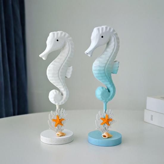 Wooden Seahorse Ornament with Round Base Rustic Seashell Starfish Seahorse Figurine Home Coastal Beach House Decoration