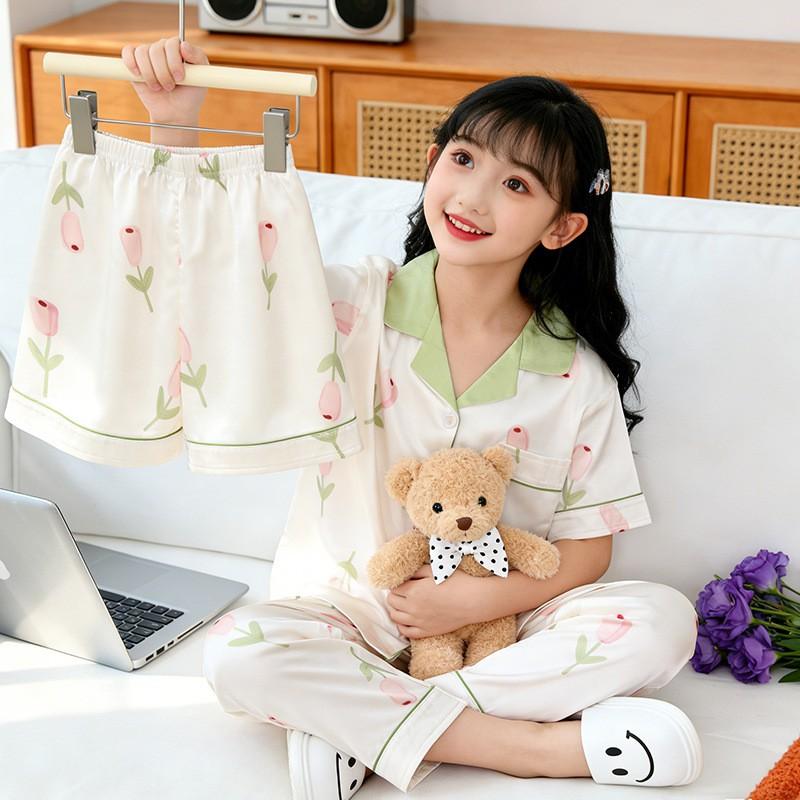 Girls Pajama Set Ice Silk Short Sleeve Sleepwear Cartoon Print Lightweight Home Wear Ages 8