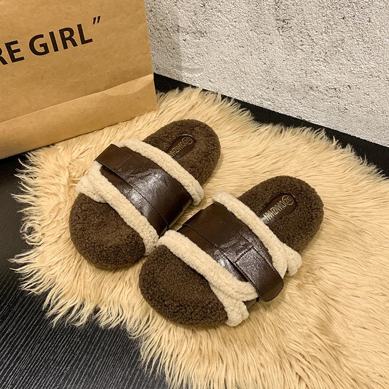 

Retro design sense color matching Mao Mao one-word drag women 2025 autumn and winter new wear versatile thick-bottomed comfortable cotton slippers 40 темно-коричневого