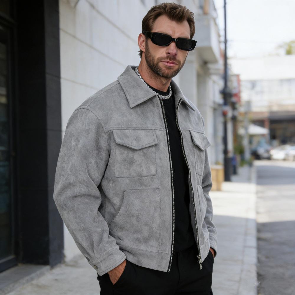 European and American Men's Suede Velvet Zipper Jacket with Large Pockets and Lapel.
