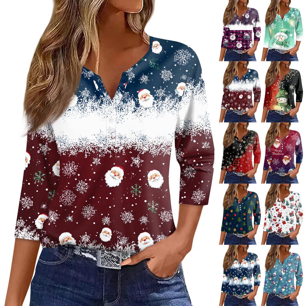 Women's T Shirt Tee Christmas Printed Button 3/4 Sleeve Tunic Daily Weekend Fashion Basic V- Neck Regular Top