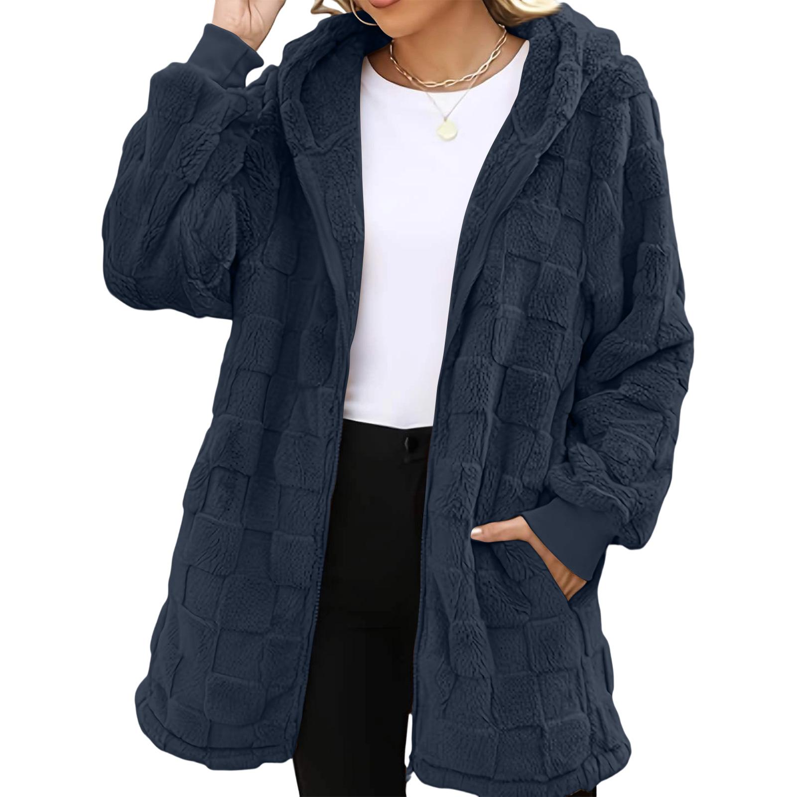 

Women s Fashionable Casual Warm Thick Checkered Plush Mid-length Elegant Button And Zipper Cardigan Coat M тёмно-синий