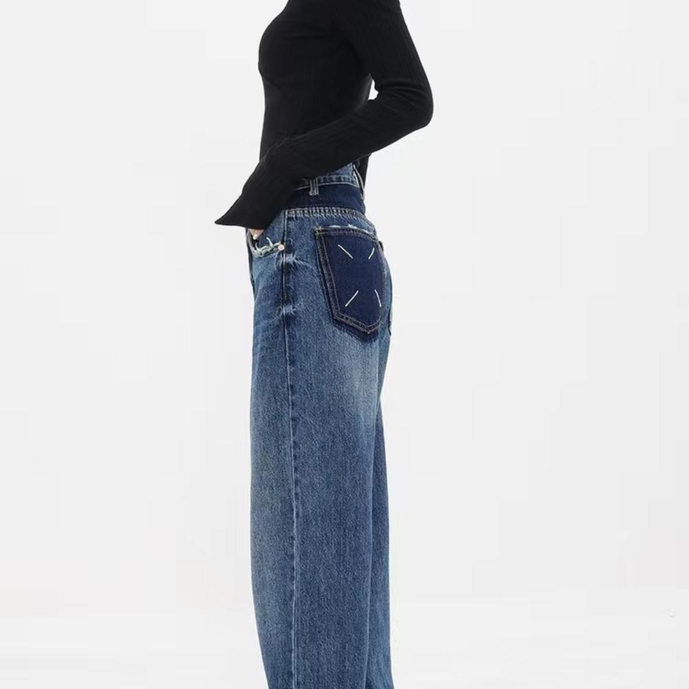 Women's Spring And Autumn Straight Jeans Retro Blue Gradient High Waist Wide Leg Casual Pants